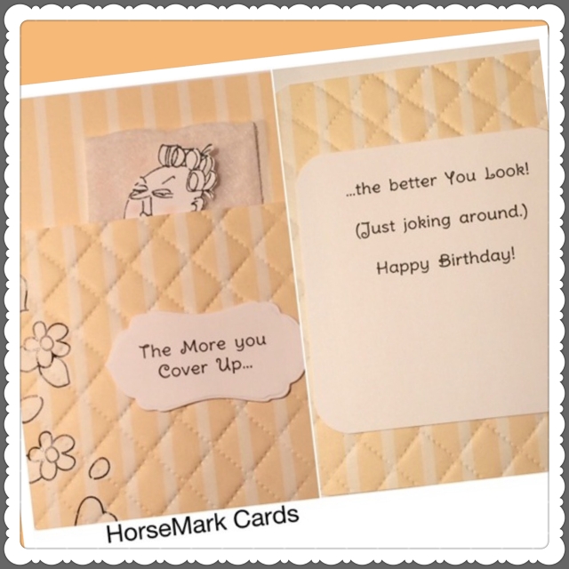 funny birthday card of an old woman in bed created by HorseMark Cards, embossed quilt, funny birthday cards