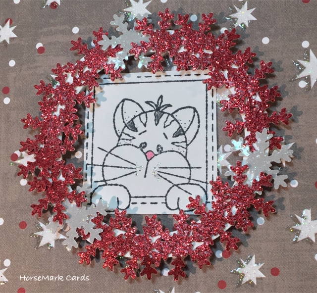 Christmas, kitten, wreath, sparkles, snowflakes, stars