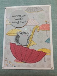 Hedgehog in umbrella get well card created by HorseMark Cards