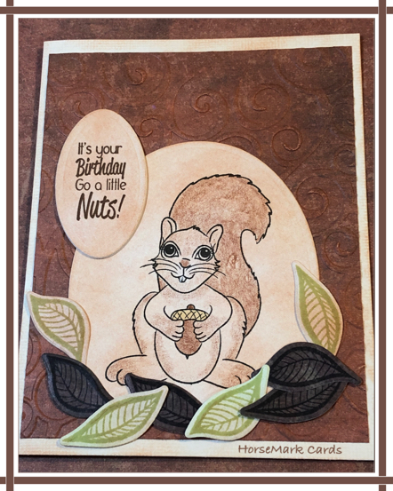 Squirrel birthday card, die cut leaves, embossed background, funny greetings
